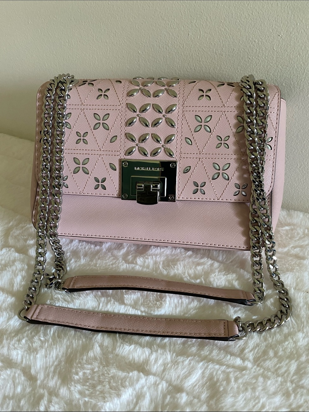 Michael Kors Tina Studded Saffiano Leather Shoulder Bag in Blossom Pink